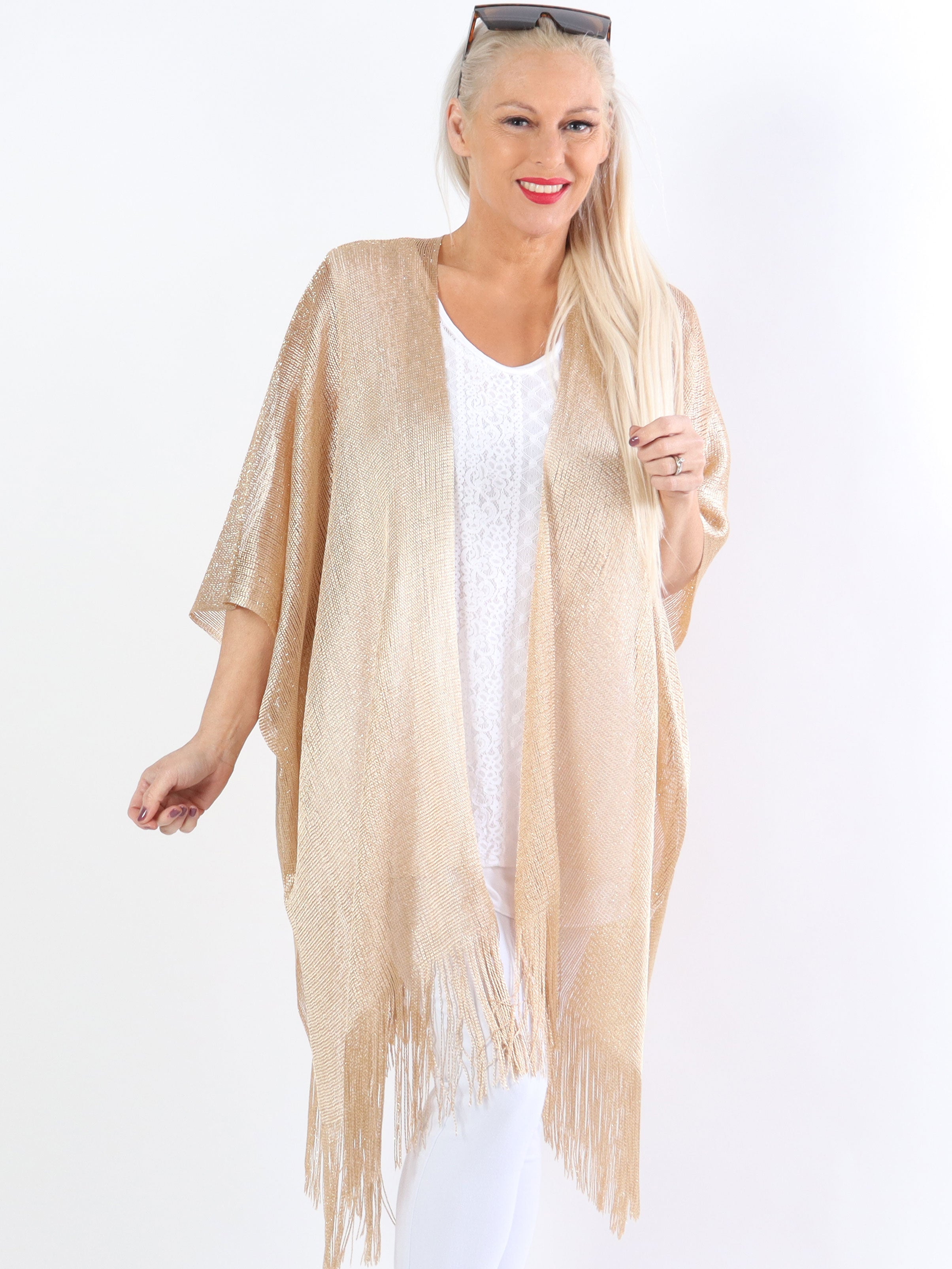 Betti - Plus size sjal med glimmertråde og frynser